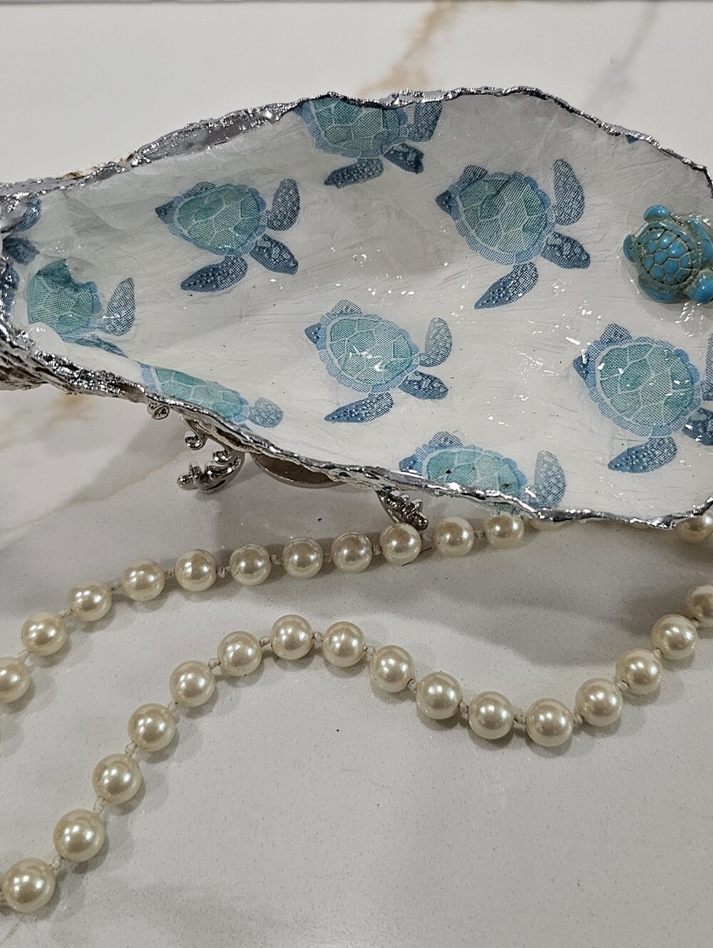 Decoupaged Handmade Oyster Shell Sea Turtle Ring Dish Or Trinket Jewelry Holder